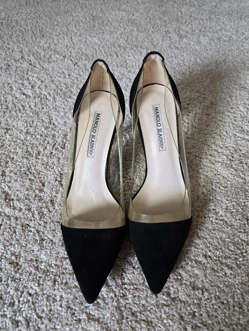 Manolo Blanhnik Womens 38 Black Velvet Pvc Clear Pump High Heels Pointed Toe